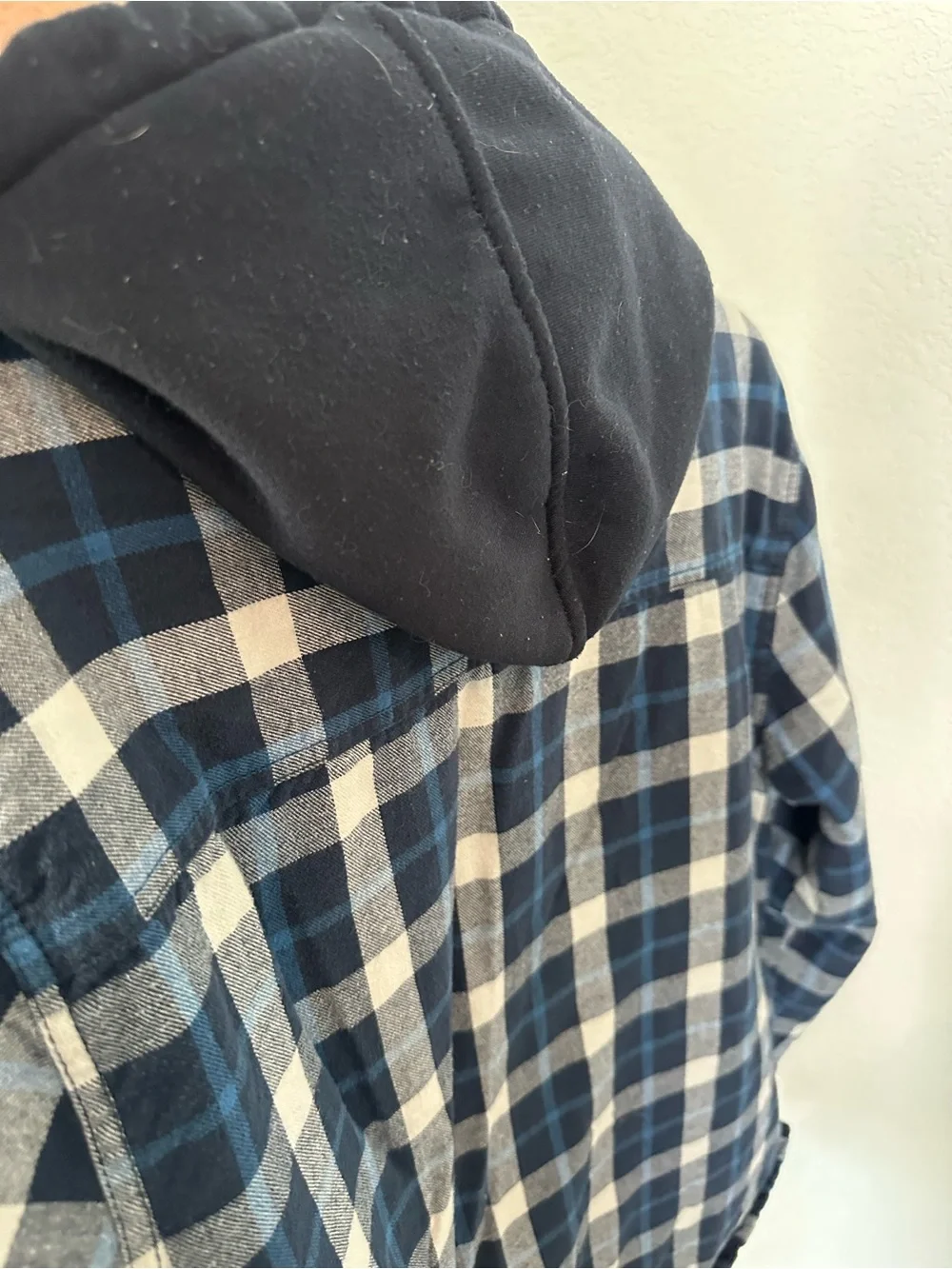 Boston Traders Navy and White Plaid Hooded Shirt Jacket